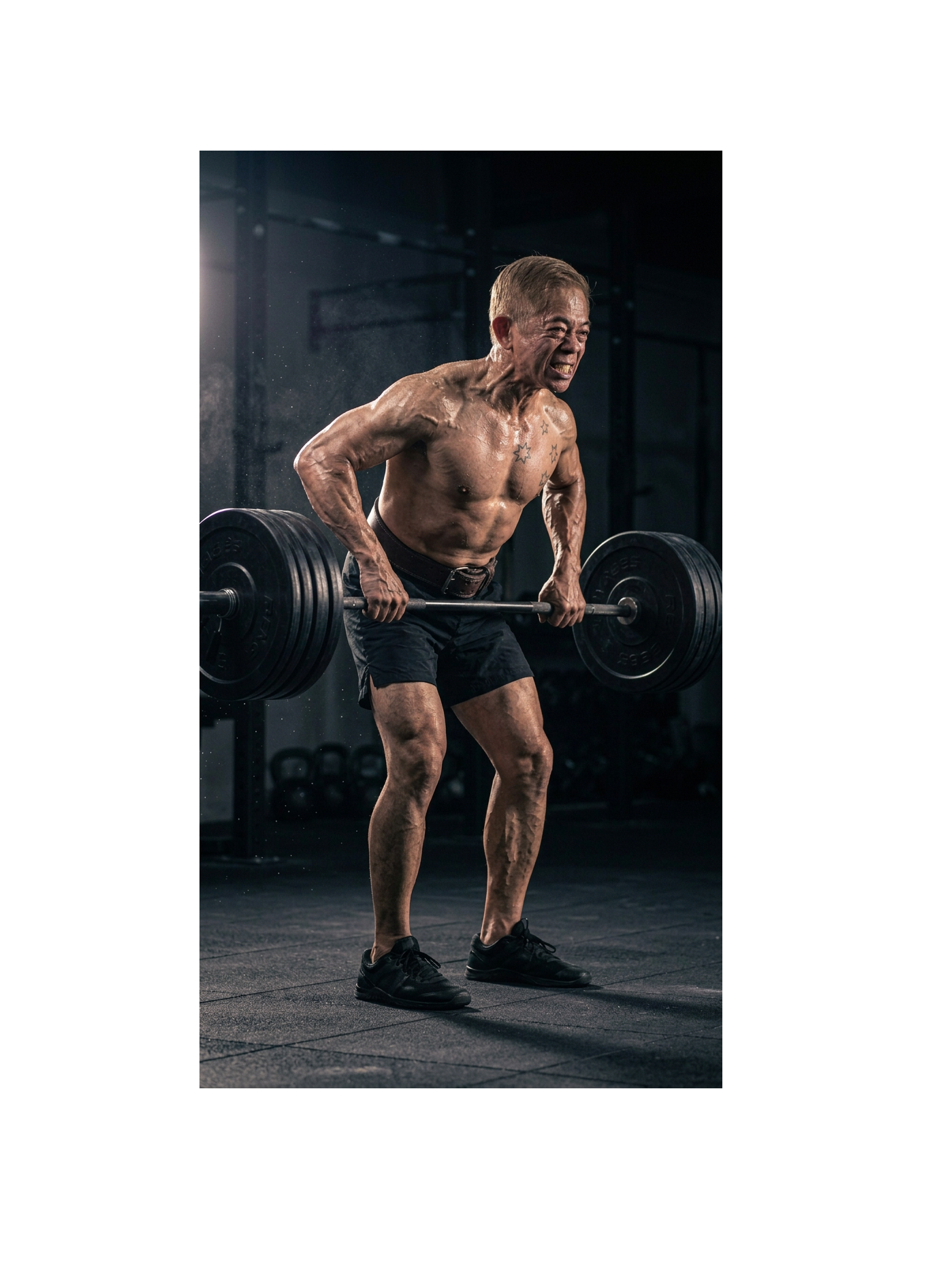 Muscular athlete performing a heavy barbell row in a gym